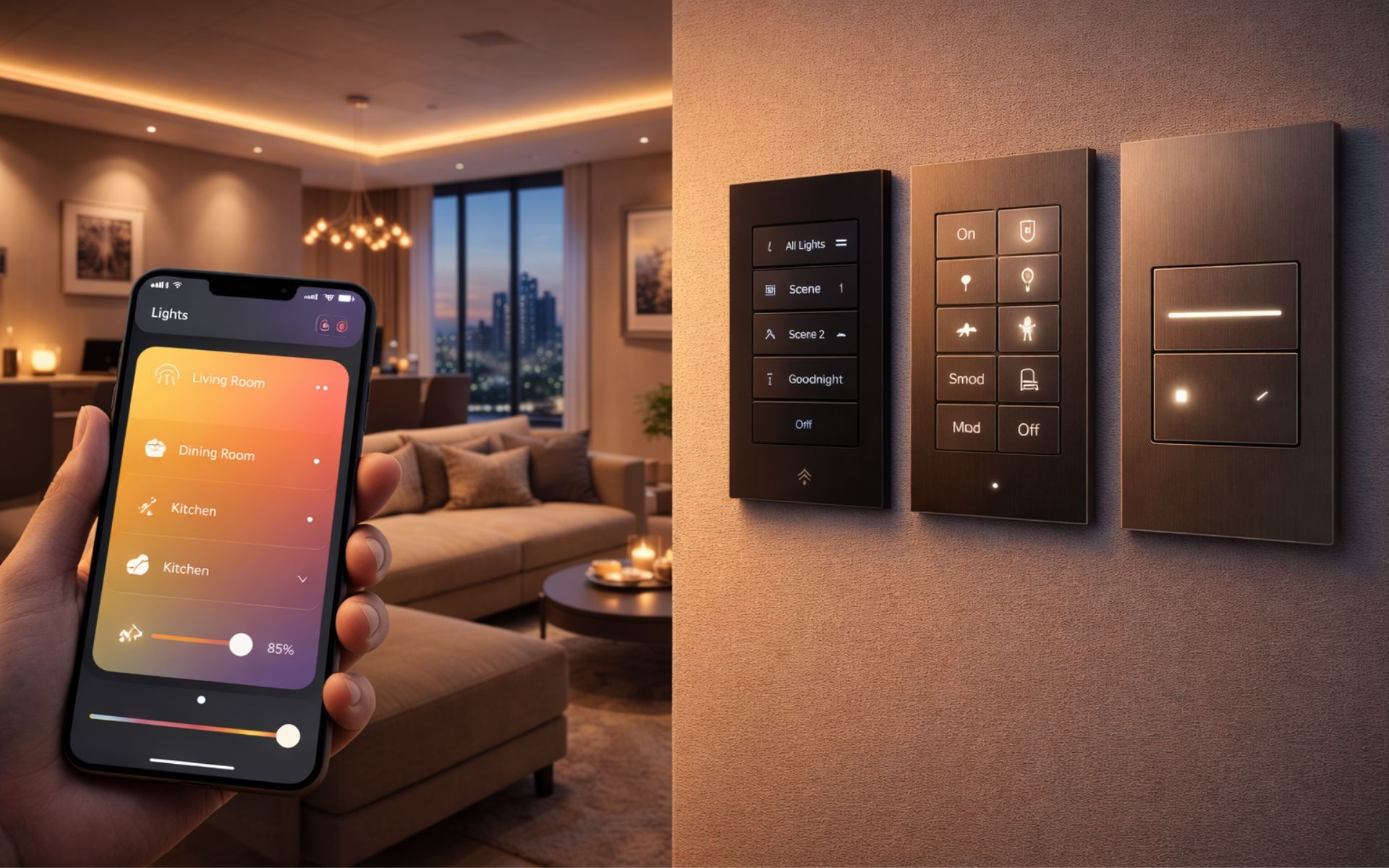 Elegant smart switch keypad wall with lighting ambience and smart control app